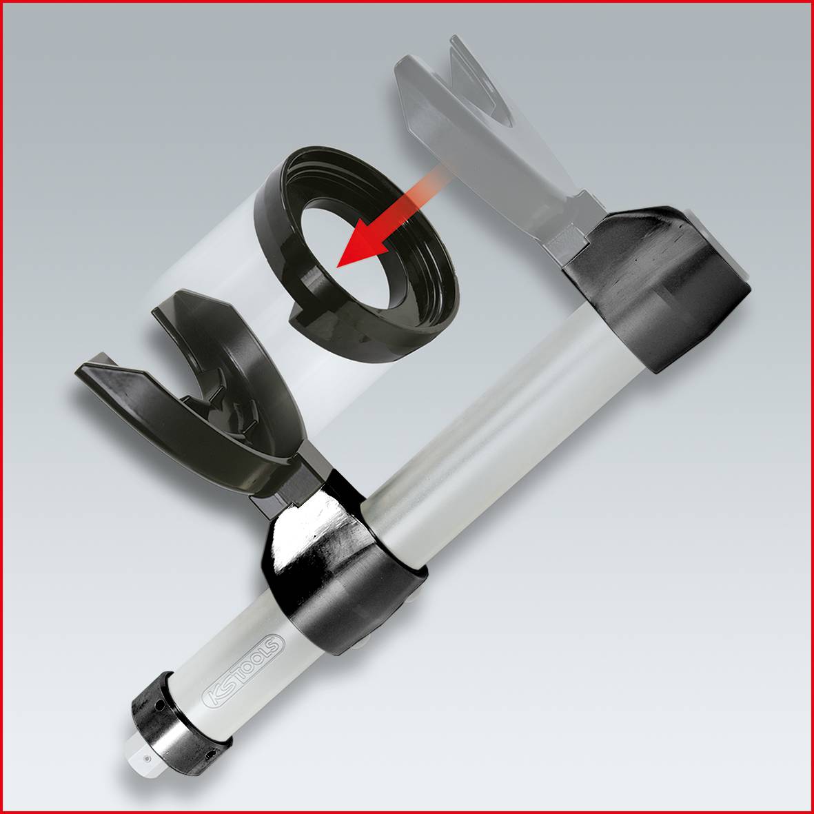 Hydraulikwellen-Kit: Zeigt eine zusammensetzbare Hydraulikwelle mit Dichtungen und Klammern, die durch Pfeile zur Montageanleitung angeordnet sind.