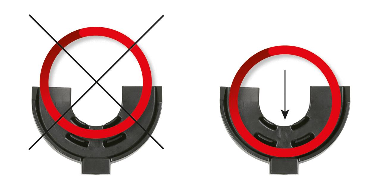 Links: Eine schwarze Halterung mit einem roten Kreis und einem X, was falsch anzeigt. Rechts: Die Halterung mit einem roten Ring und einem Pfeil, was korrekt anzeigt.