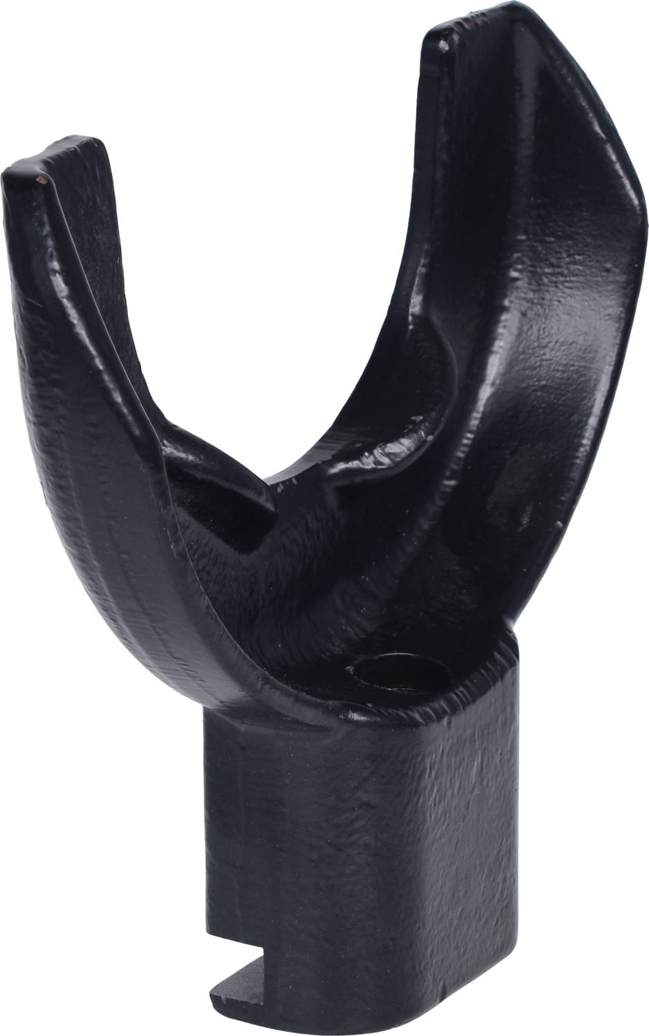 Schwarze Kunststoff-Gabelhalterung mit V-förmiger Öffnung, die zur Aufnahme eines zylindrischen Objekts dient; robust und funktional.