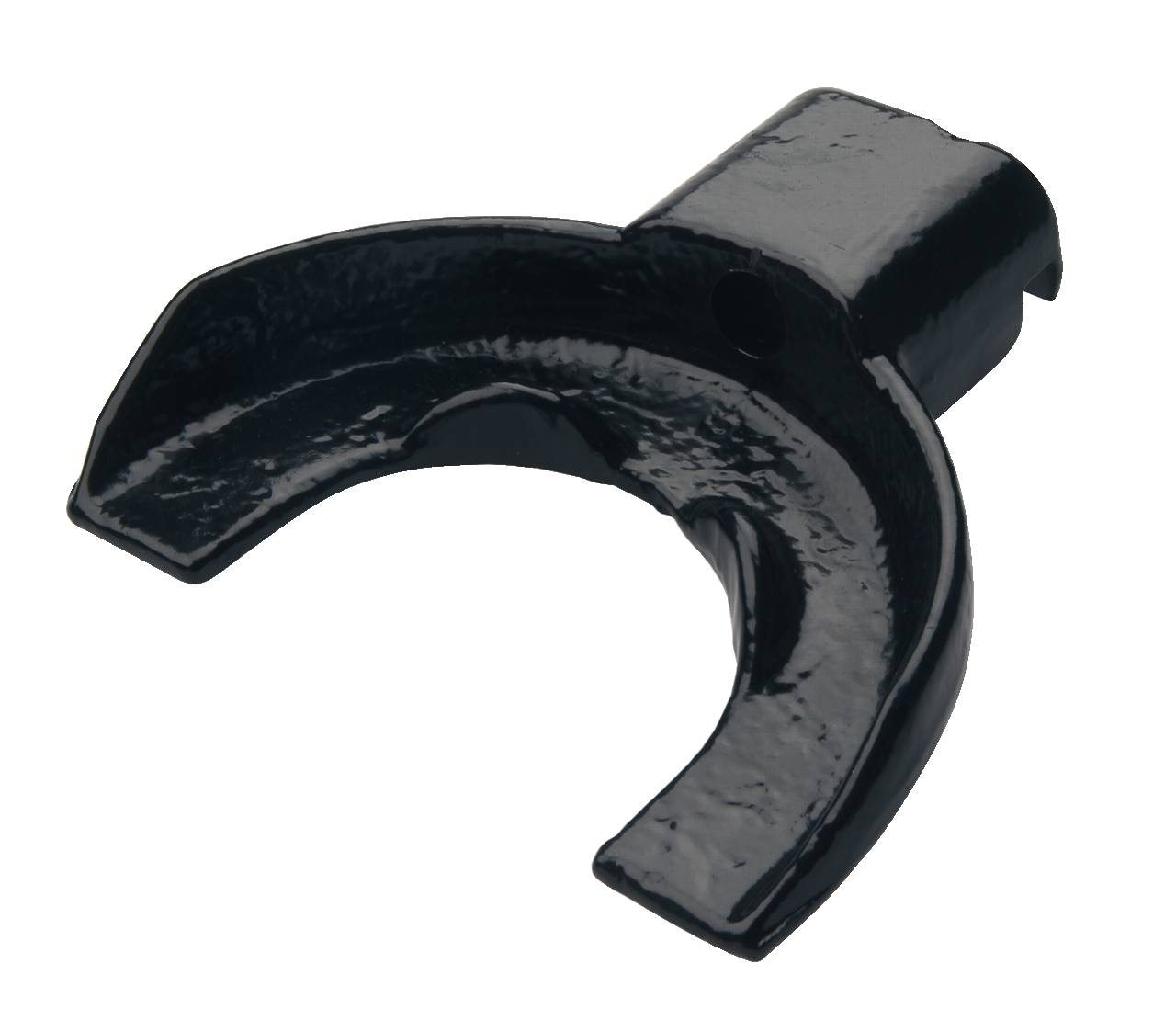 Ein schwarzes, metallisches Teil mit einem gebogenen Design, möglicherweise ein mechanisches oder industrielles Bauteil.