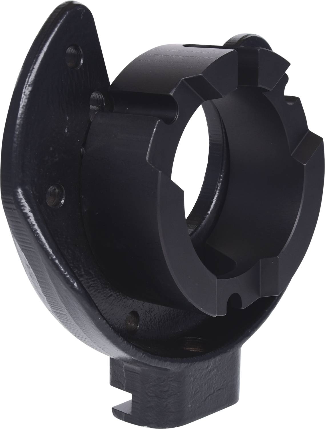 Schwarzes Metallteil mit runder Öffnung und gezackten Kanten, vermutlich ein mechanisches Bauteil.