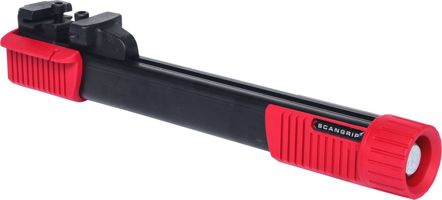 Rote und schwarze LED-Lampe mit länglichem Design. Geeignet für Werkstattbeleuchtung oder Einsatz in schwierigen, engen Räumen.