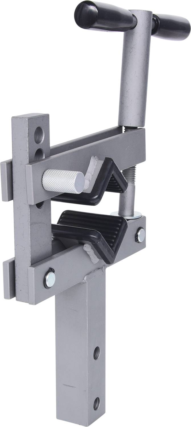Metallischer Schraubstock für Holzbearbeitung, zeigt einen Griff zum Festziehen und Klemmen von Materialien für präzise Arbeiten.