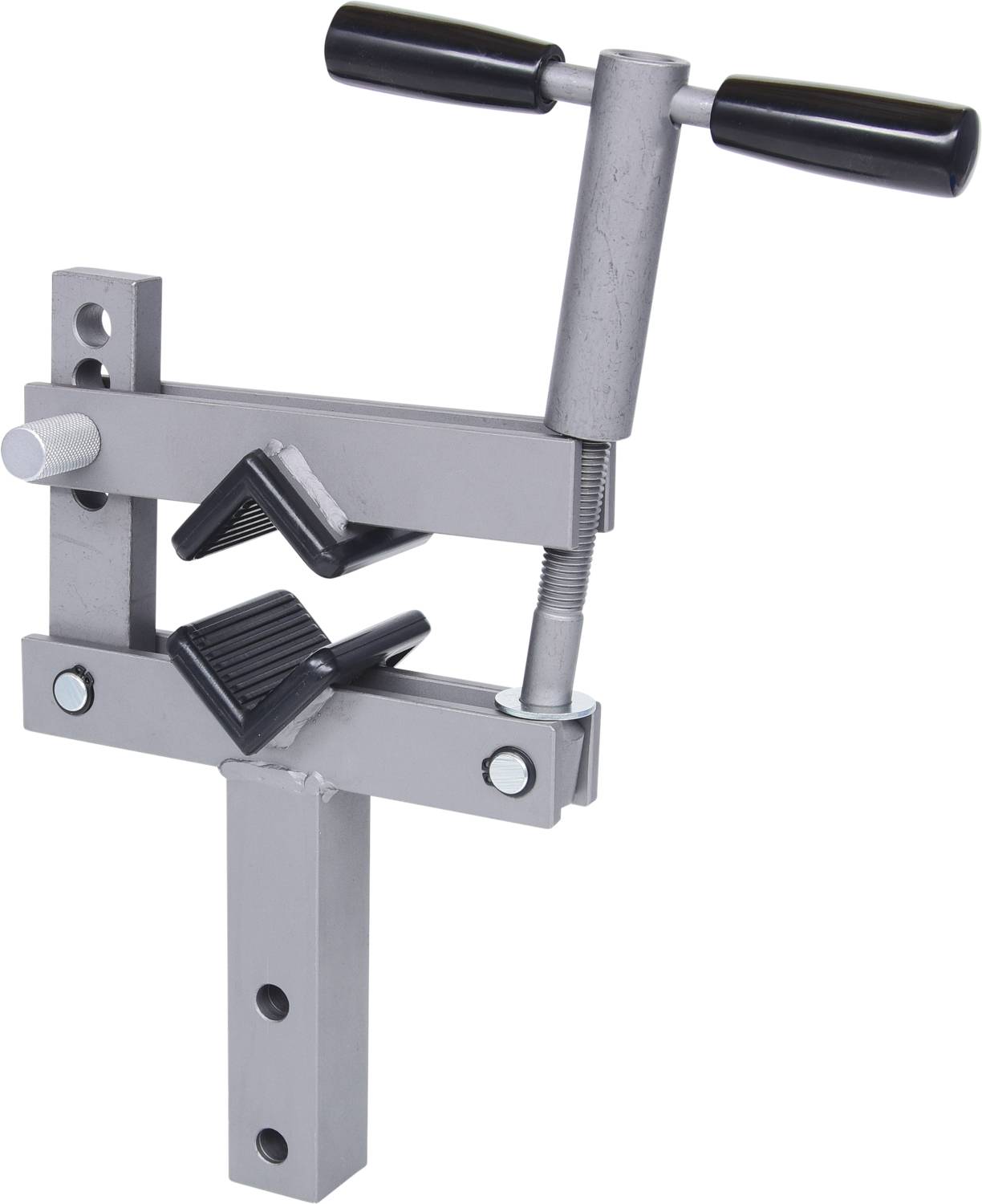 Eine silberne Schraubzwinge mit schwarzem Griff. Sie besteht aus Metall und wird zum Festhalten oder Spannen von Objekten verwendet.