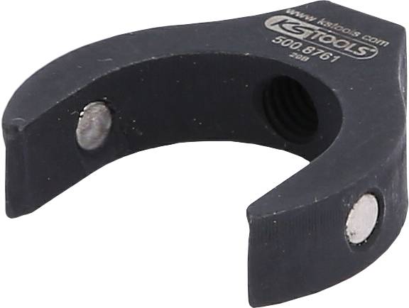 Ein schwarz lackiertes Werkzeugteil mit einer U-Form und drei sichtbaren Bolzen, vermutlich für einen mechanischen Einsatz, auf weißem Hintergrund.