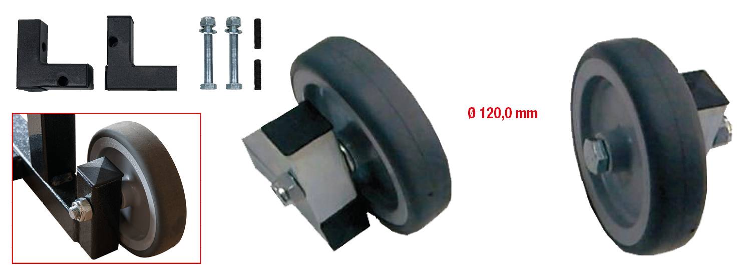 Montageräder-Set für Maschinen, bestehend aus zwei großen Rädern, Halterungen und Schrauben. Radgröße beträgt 120,0 mm.