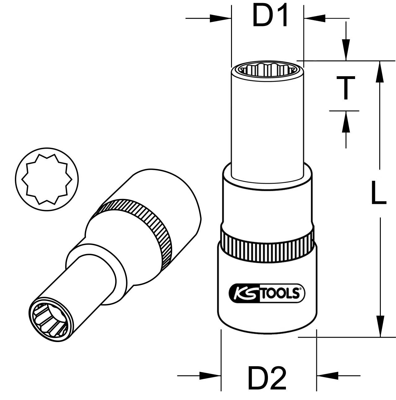 Abbildung eines KS Tools Steckschlüssels. Zeigt Längenmaße: D1, D2, L, T. Dargestellt von der Seite und oben. Markierung 'KS Tools'.