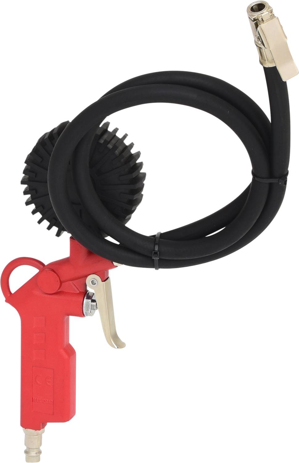 Ein roter Druckluftschlauch mit schwarzer Spirale und metallischem Anschluss, geeignet für Reifenfüllstationen.