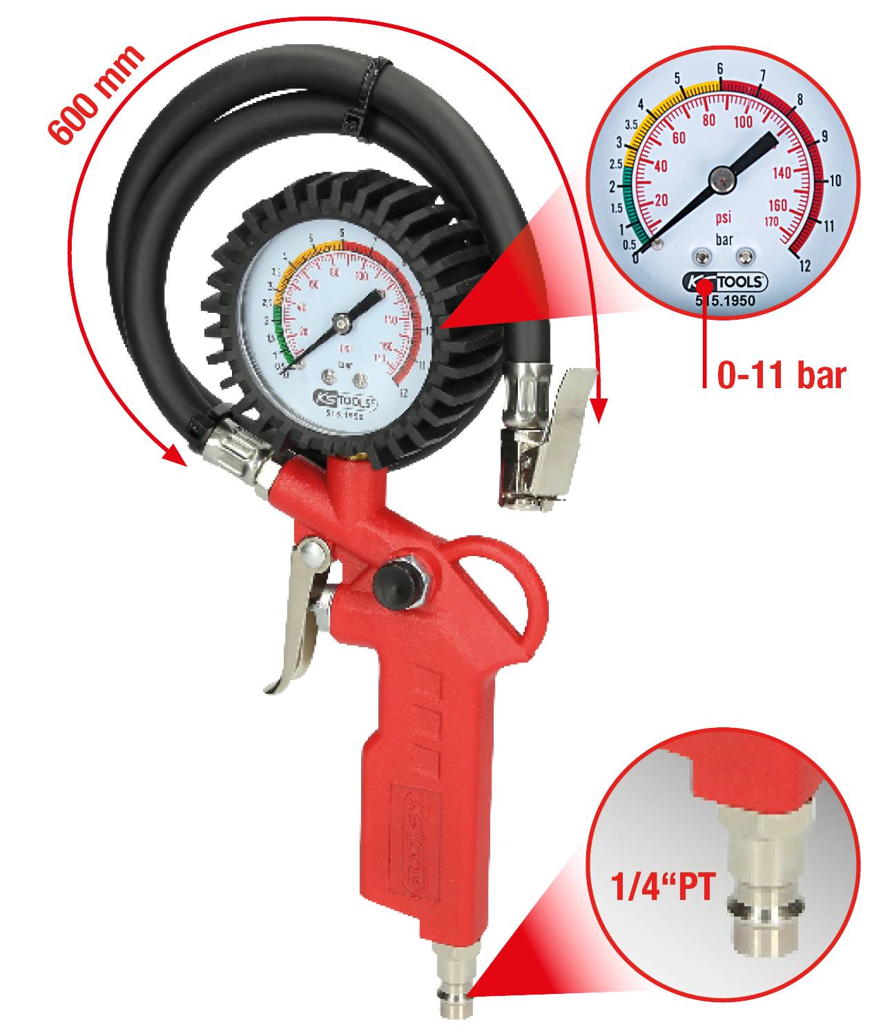 Roter Druckluftreifenfüller mit Manometer; Messbereich 0-11 bar; langer Schlauch (600 mm); Anschluss 1/4". Indikatoren in bar und psi.