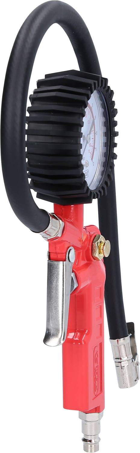 Rot-rotes Reifenfüll- und Druckmessgerät mit rundem, gummiüberzogenen Manometer. Ein schwarzer Schlauch ist daran befestigt.