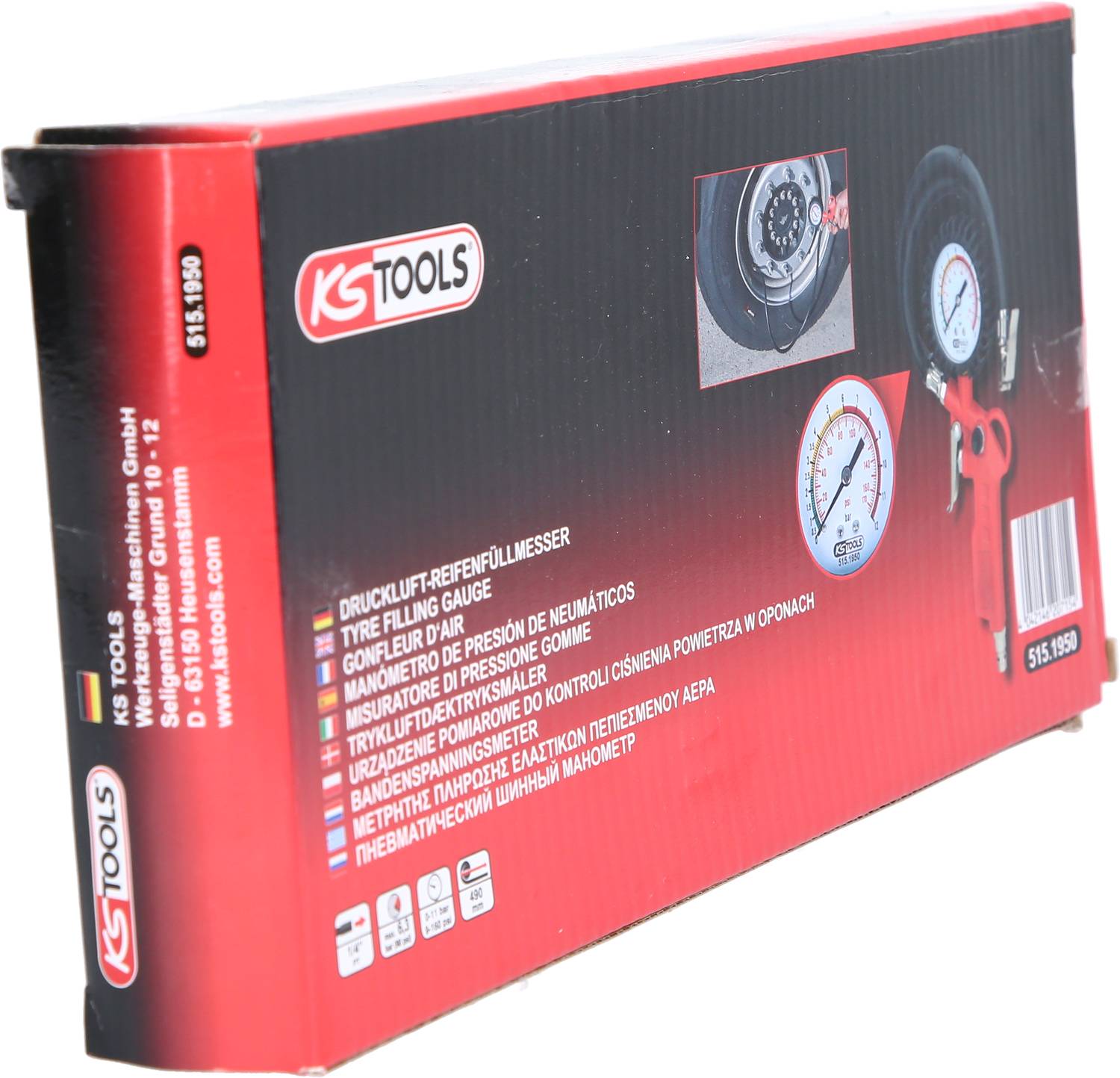 Roter Druckluft-Reifenfüllmesser mit Bedienungsanleitung in mehreren Sprachen, verpackt in einer Box der Marke KS Tools.