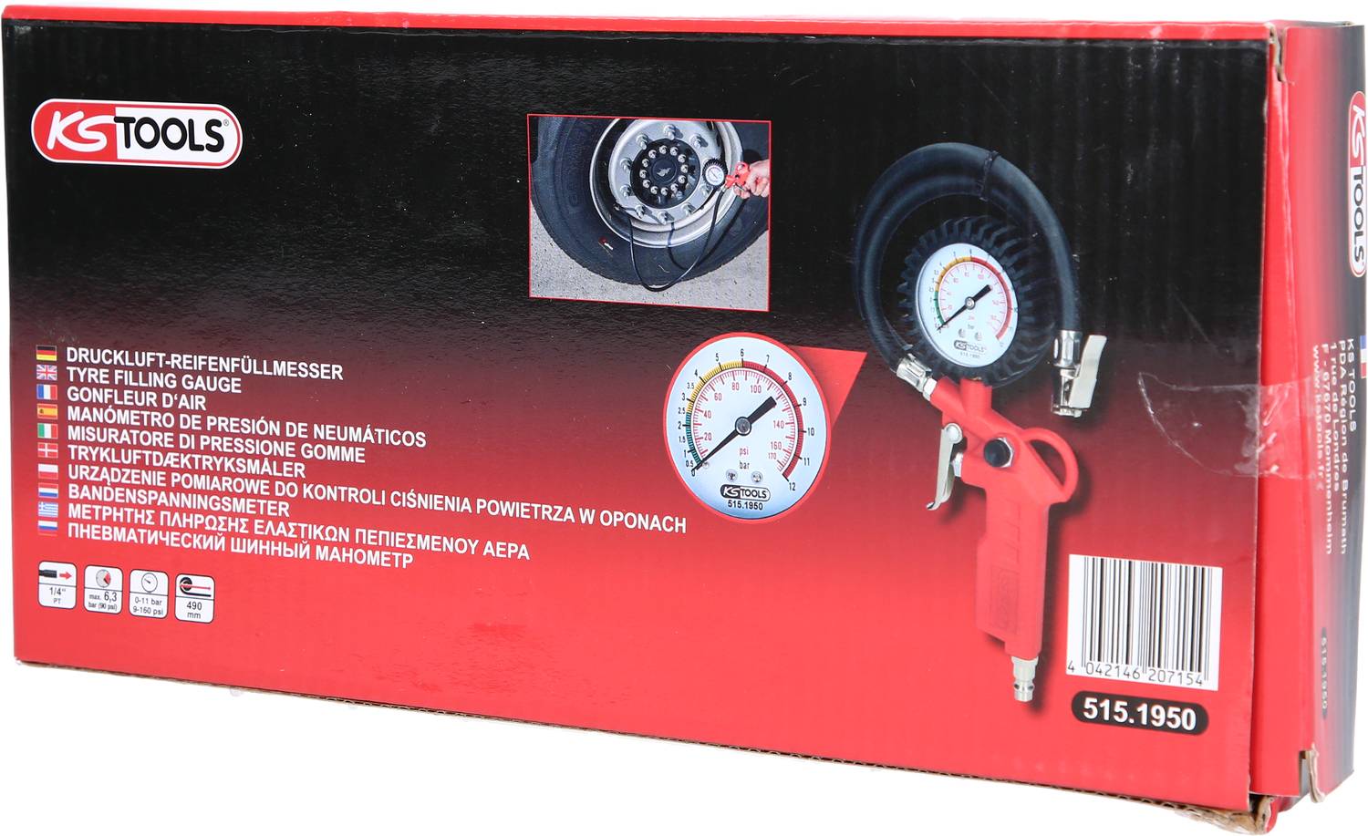 Eine Verpackung mit einem Reifenfüllmesser der Marke KS Tools, abgebildet mit einem Manometer. Die Nutzer können den Reifendruck messen.