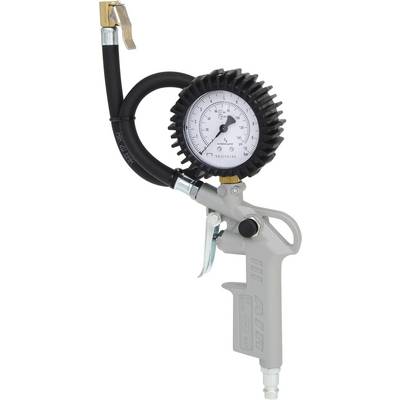 Luftdruckprüfer mit rundem Manometer, schwarzem Gummischutz und grauem Handgriff. Verwendet zum Messen des Reifendrucks.
