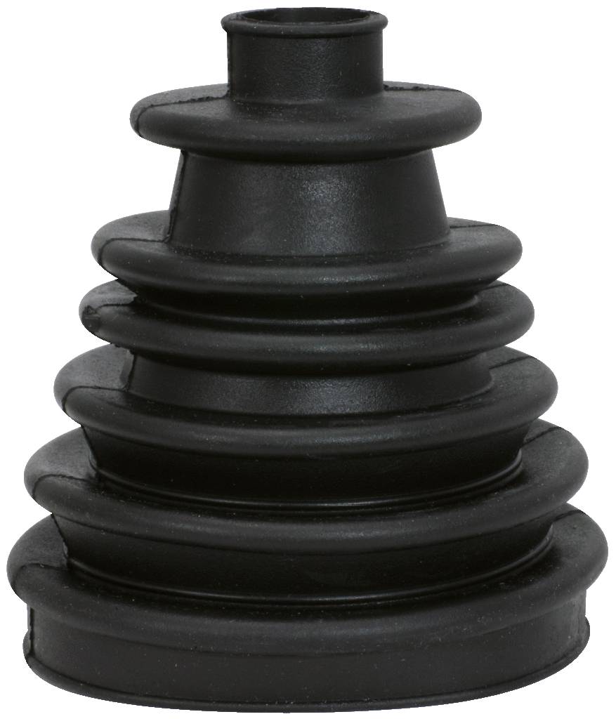 Eine schwarze, gestufte Gummimanschette in Form eines Kegels. Sie wird oft als Schutzabdeckung in technischen Anwendungen verwendet.