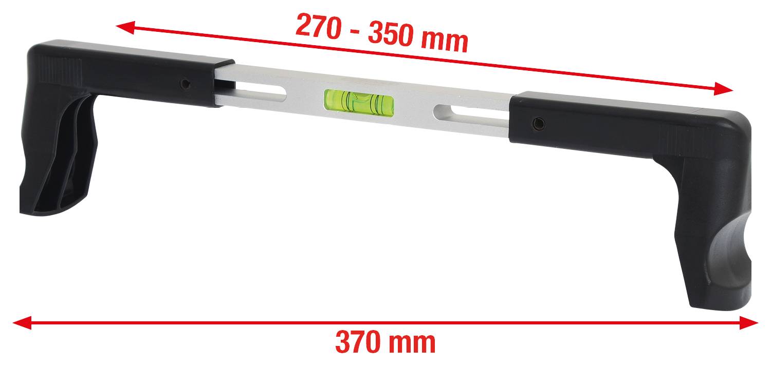 'Verstellbare Wasserwaage mit Handgriffen. Länge: 370 mm, einstellbare Breite: 270-350 mm.'