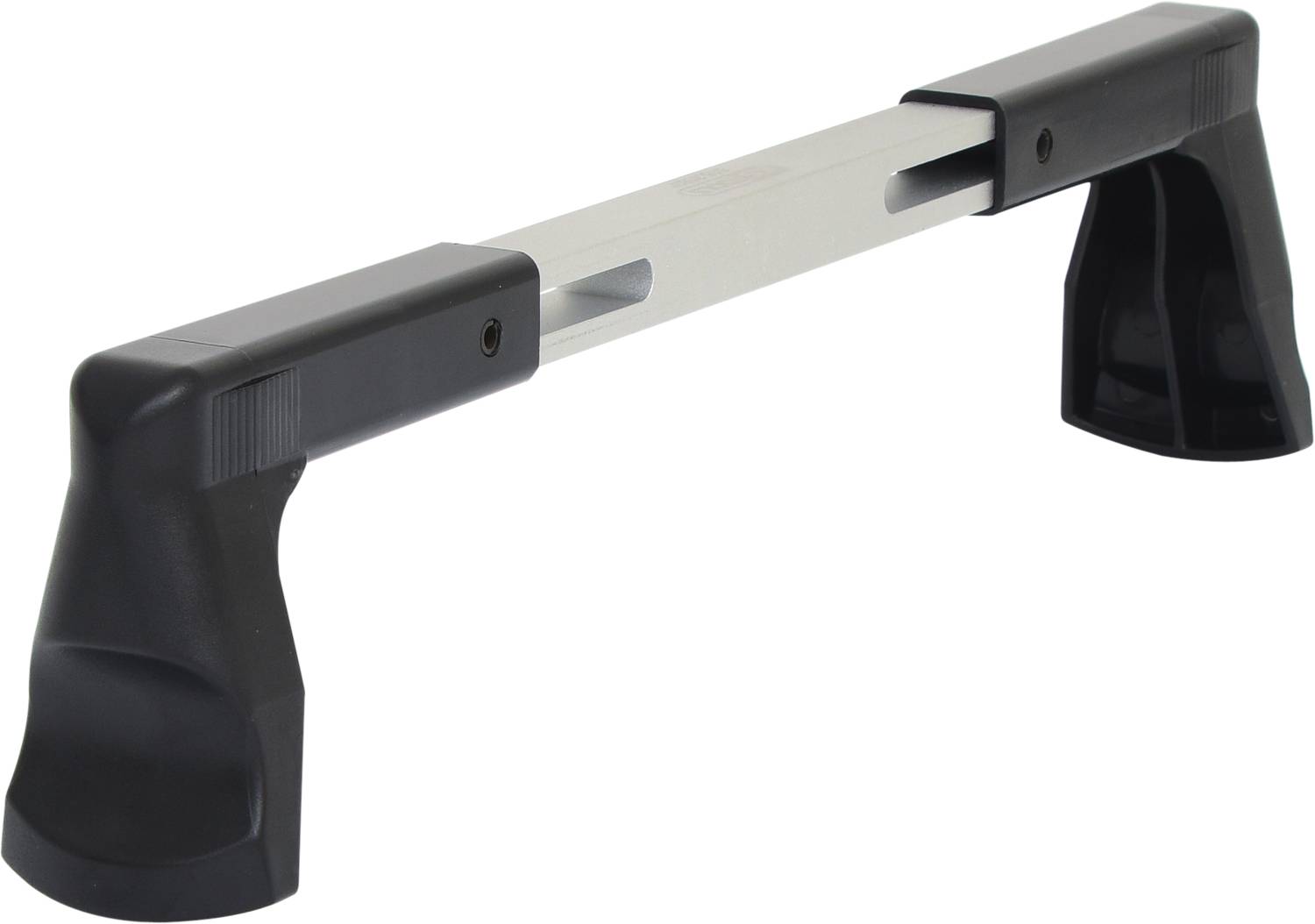 Ein verstellbarer Türstopper aus Metall und Kunststoff, der über eine stufenlos ausziehbare Stange verfügt und an Türen montiert wird.