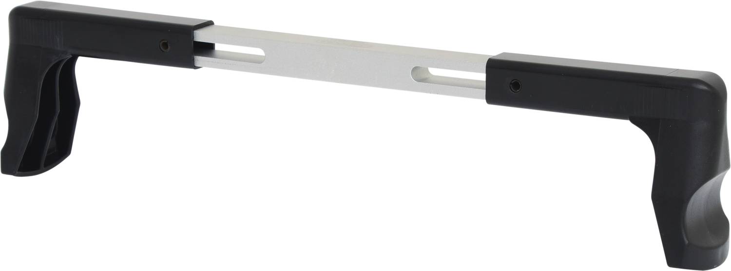 Ein schwarzer Türgriff mit einem rechteckigen Metallstange in der Mitte. Entworfen für einfache Installation an Schranktüren.