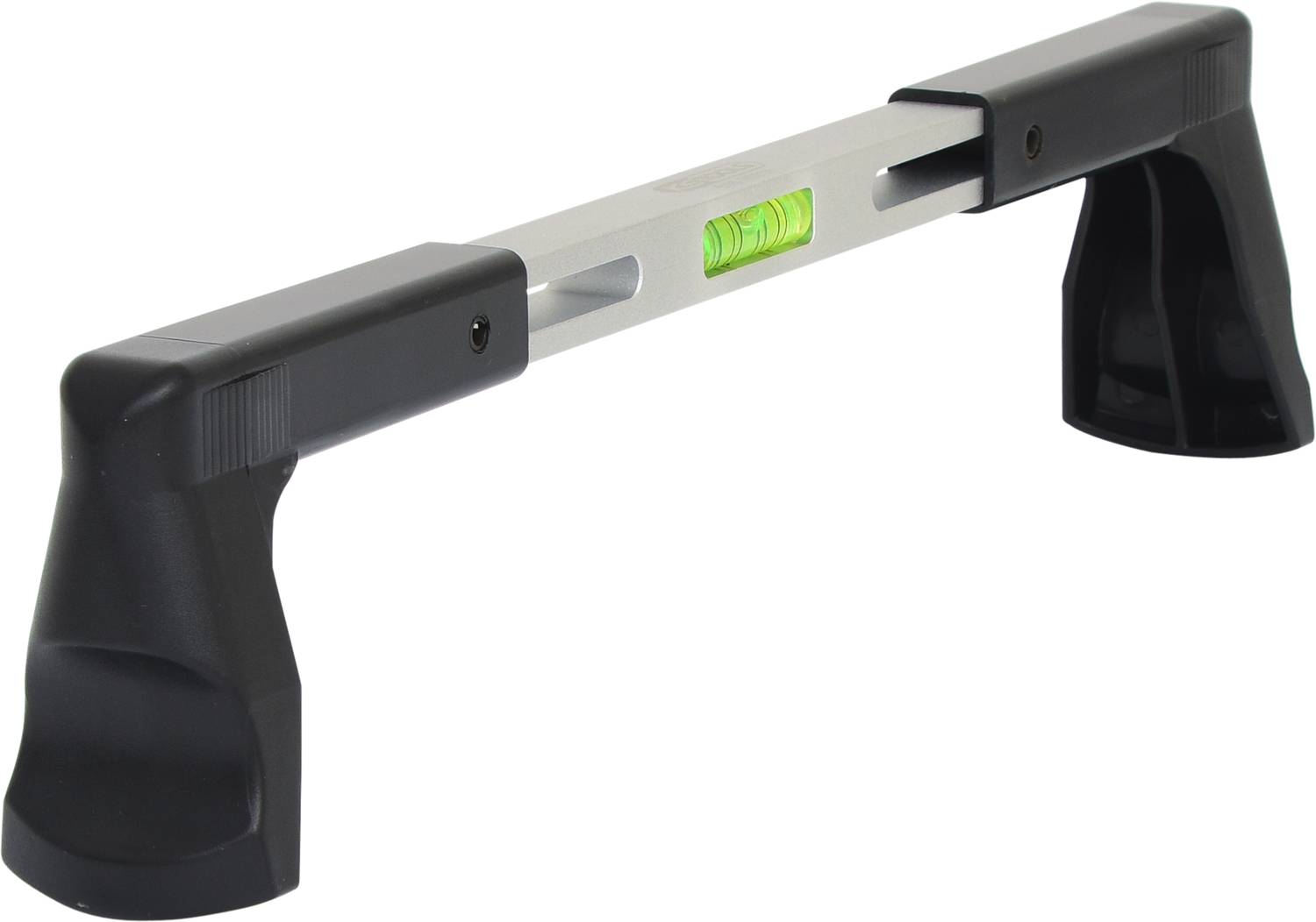 Eine Wasserwaage mit ergonomischen Griffen und einer gut sichtbaren Libelle in der Mitte, zur exakten Nivellierung von Oberflächen.