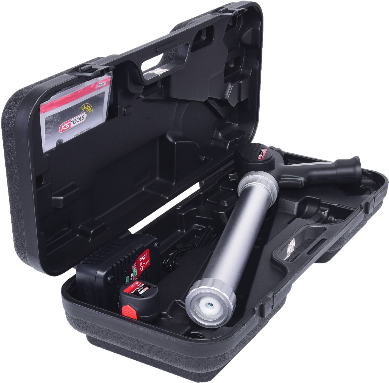 Elektrischer Kartuschenpistole-Set in offenem Kunststoffkoffer, inklusive Ladegerät und Akku, geeignet für professionelle Anwendungen.