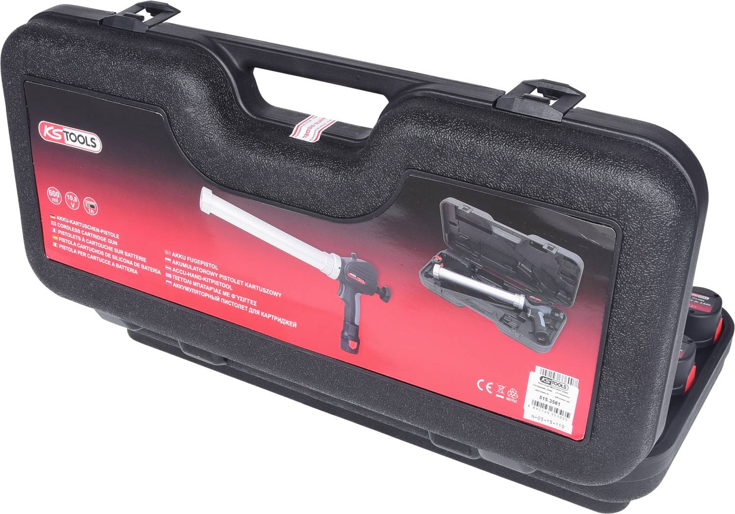 Schwarzer Werkzeugkoffer mit KS Tools-Logo und Abbildung einer Fettpresse auf rotem Hintergrund. Inklusive Produktinformationen.