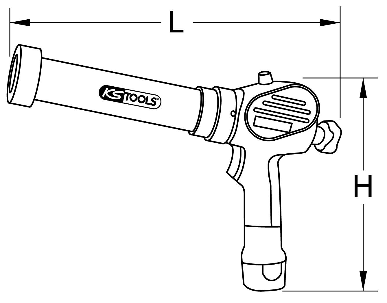 Technische Zeichnung einer Druckluftpistole von KS Tools. Markierungen zeigen die Länge 'L' und Höhe 'H' des Werkzeugs.