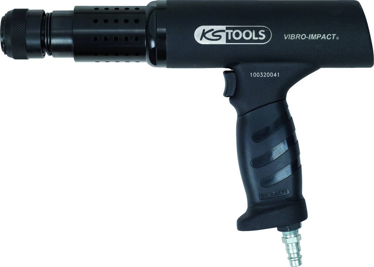 'Druckluft-Vibrationsmeißel von KS Tools, Modell Vibro-Impact, schwarz, Griff mit ergonomischem Design, Anschluss unten.'