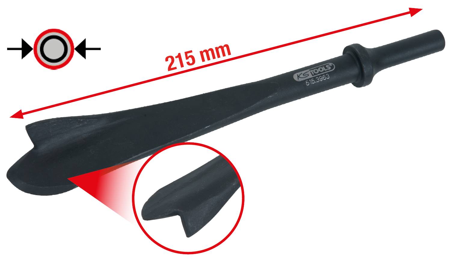 Abbildung eines Meißels mit einer Länge von 215 mm. Ein vergrößertes Detail zeigt die leicht gebogene Spitze.