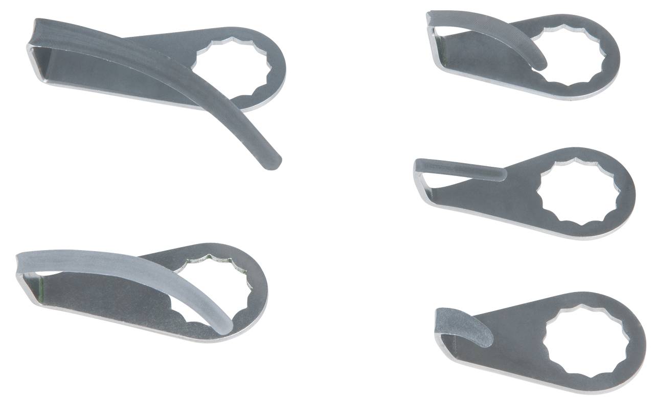 Fünf silberfarbene Kartenhalterclips in unterschiedlichen Winkeln dargestellt, jeweils mit einem gezackten Kreis für den Papierhalt.
