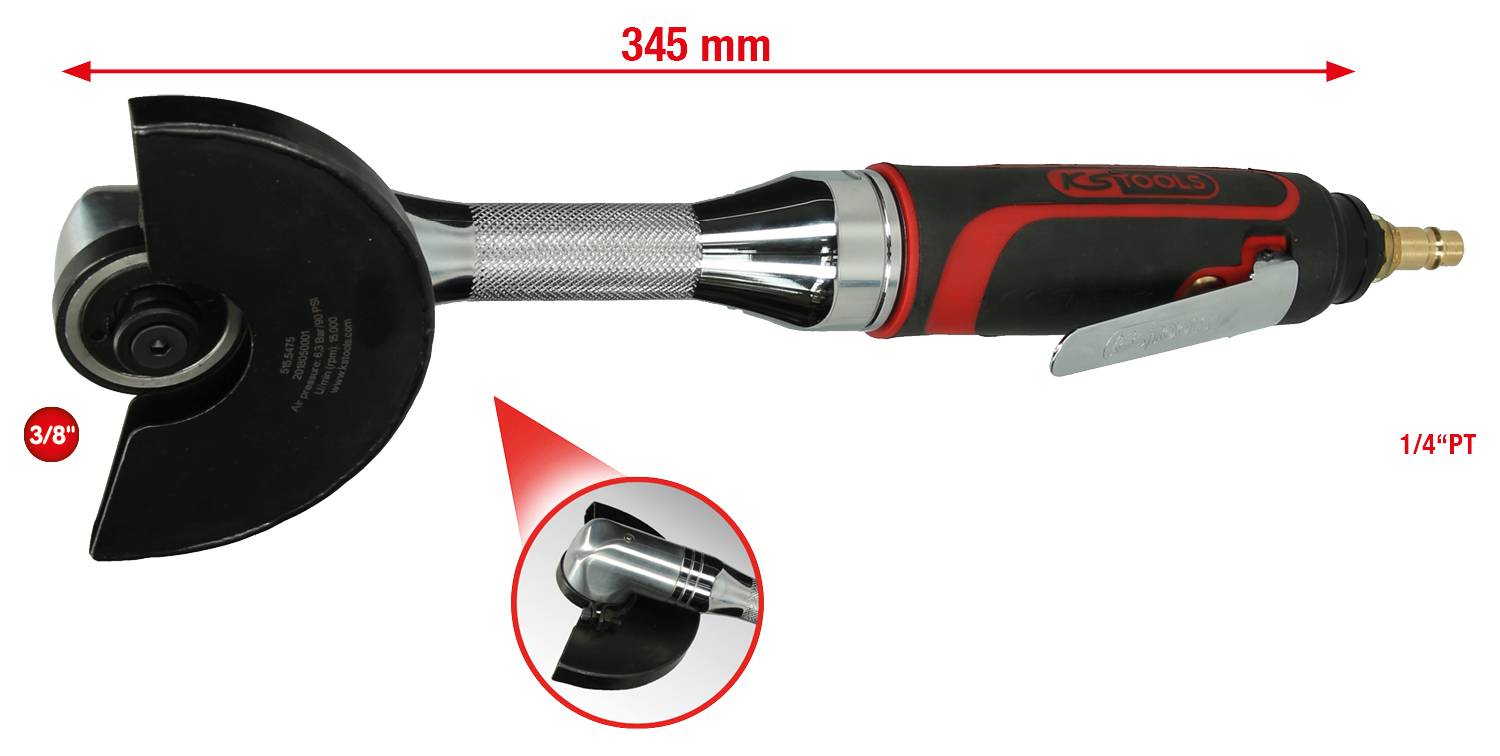 'Luftbetriebener Winkelschleifer mit 345 mm Länge, 3/8" und 1/4" Anschlüssen, verchromtem Griff und rotem Schutz für sicheren Einsatz.'