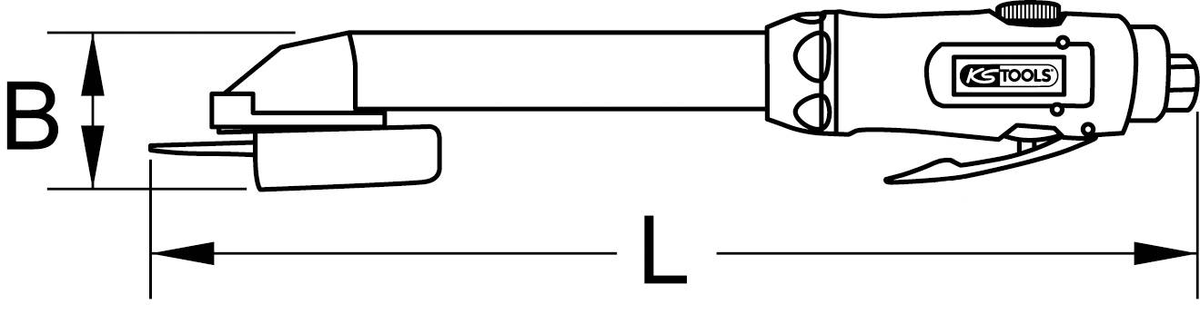 Technische Zeichnung eines Winkelschleifers von KS Tools mit den markierten Maßen 'L' und 'B'.
