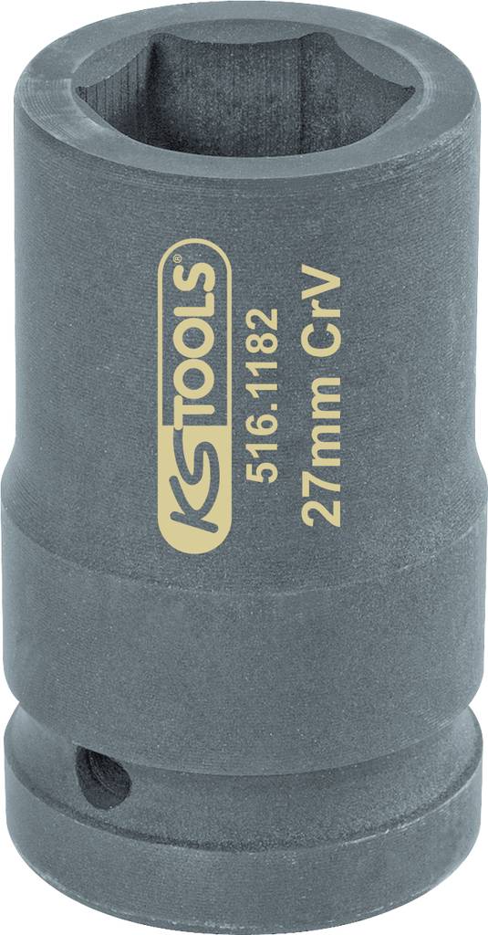 Metallsockelschlüssel mit der Aufschrift 'KS TOOLS 27mm'. Zylindrisches Design, grau, wahrscheinlich für mechanische Arbeiten verwendet.