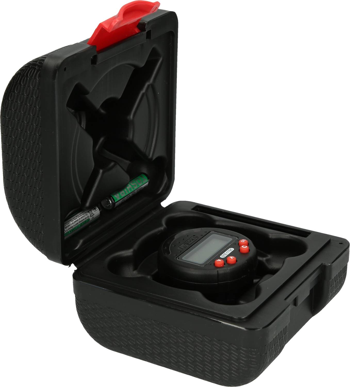 Ein schwarzes, geöffnetes Etui mit einem digitalen Gerät und einer Batterie im Inneren. Es ist ein Messgerät oder Timer.