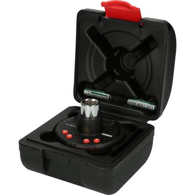 Ein tragbares Gerät zum Messen von Drehmoment, geöffnet, mit Batterien im Deckel und mehreren Knöpfen auf der Vorderseite.