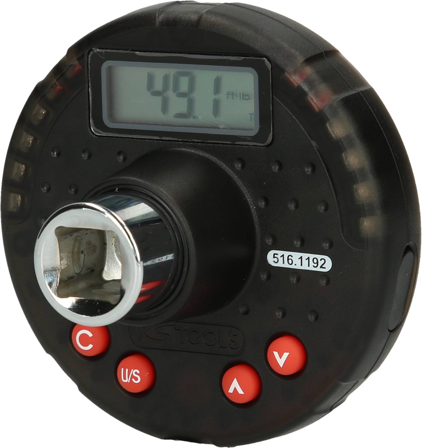Digitaler Drehmomentadapter mit Display, zeigt aktuell 49,1 Nm an. Schwarzes Gehäuse mit vier roten Tasten zur Bedienung.