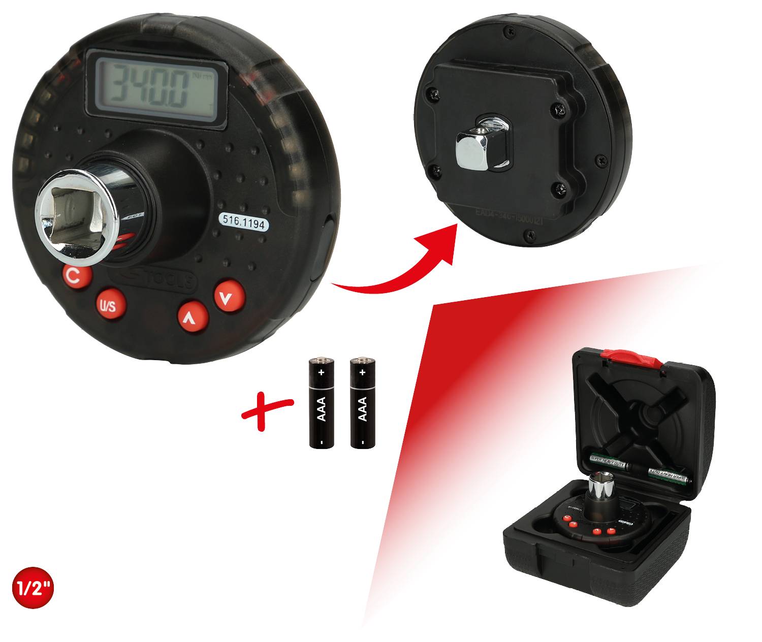 Elektronischer Drehmomentschlüsseladapter mit LCD-Anzeige, Knopfbedienung und Batterien. Gerät in offenem Koffer gezeigt.