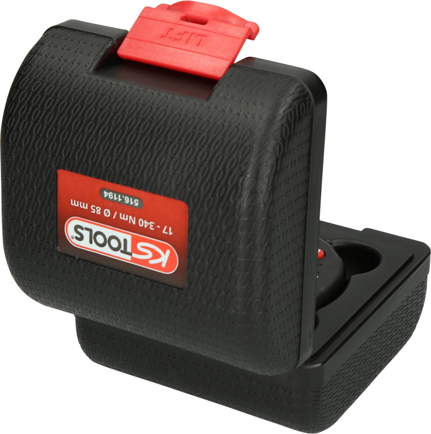 Schwarzes Kunststoffgehäuse mit rotem Verschluss einer KS Tools Werkzeugbox, geschlossen dargestellt.
