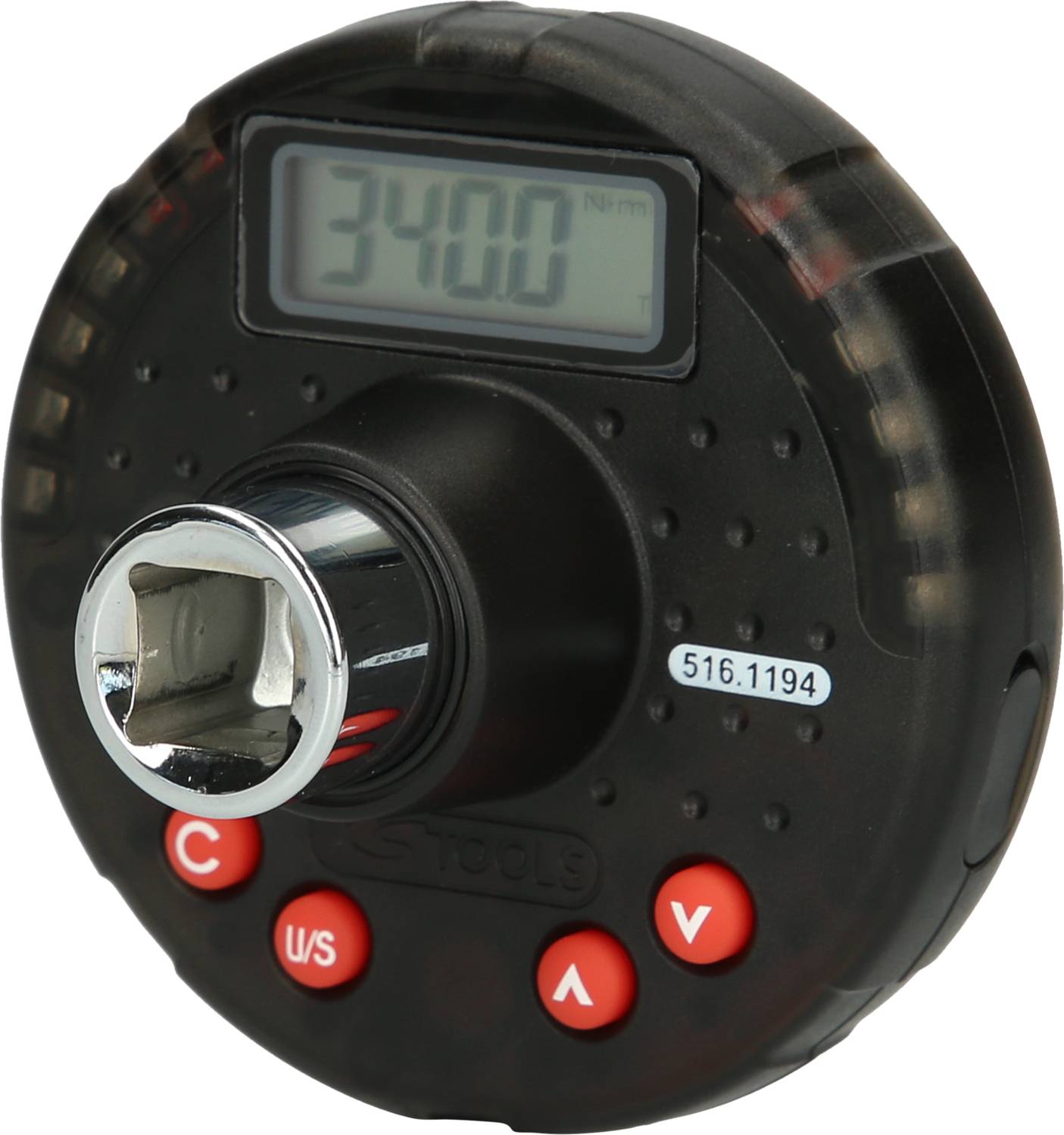 Elektronischer Drehmomentschlüsseladapter mit digitaler Anzeige. Zeigt '340.0 Nm' an. Schwarzes Gehäuse mit roten Tasten.