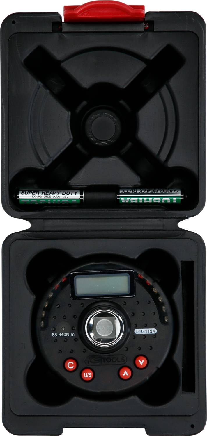 Runder Regner mit digitalem Display in offenem schwarzen Etui. Enthält Batterien und Steuerknöpfe für verschiedene Einstellungen.