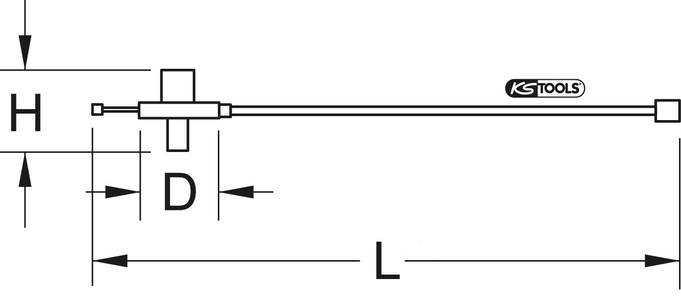 Diagramm eines Werkzeugs mit den Maßen H (Höhe), D (Durchmesser) und L (Länge), beschriftet mit 'KS Tools'.