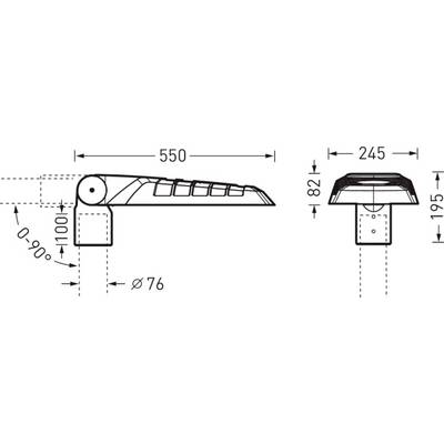 Technische Zeichnung eines Türscharniers mit Maßen: 550 mm Länge, 245 mm Breite, 195 mm Höhe. Drehung von 0-90 Grad.