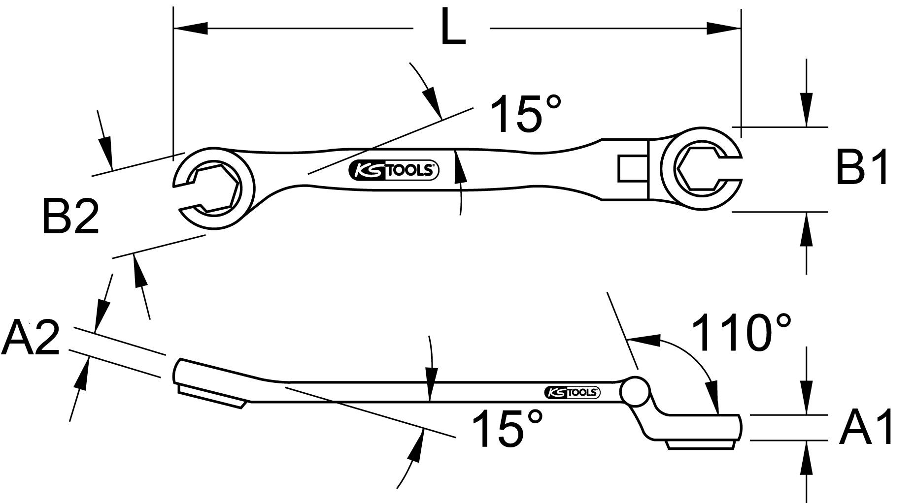 Maßzeichnung eines Steckschlüssels mit zwei Enden im 15°-Winkel. Beschriftungen: 'L', 'B1', 'B2', 'A1', 'A2', 110°-Winkel.