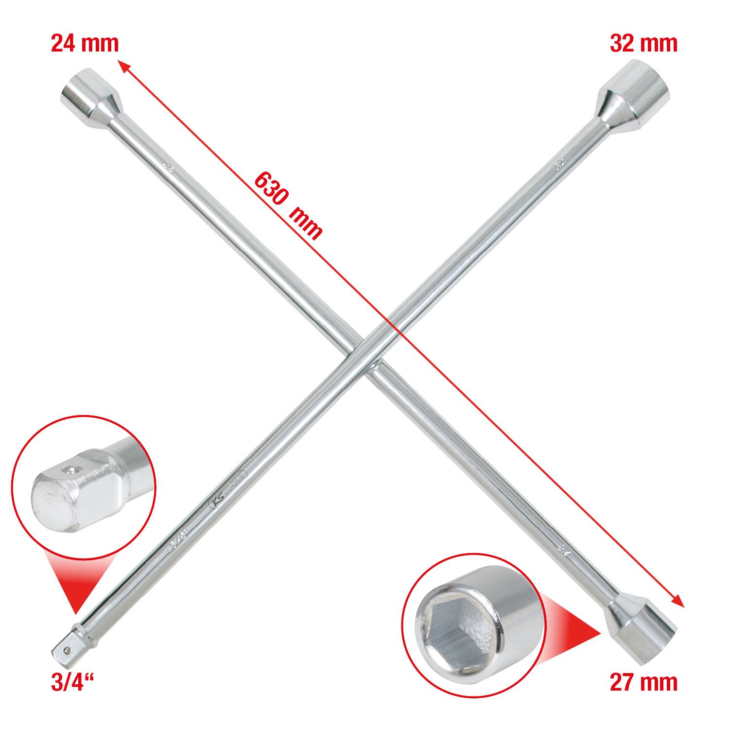 'Kreuzschlüssel mit Maßen: 630 mm Länge, 24 mm, 32 mm, 3/4\", 27 mm; geeignet für Fahrzeugradmuttern.'