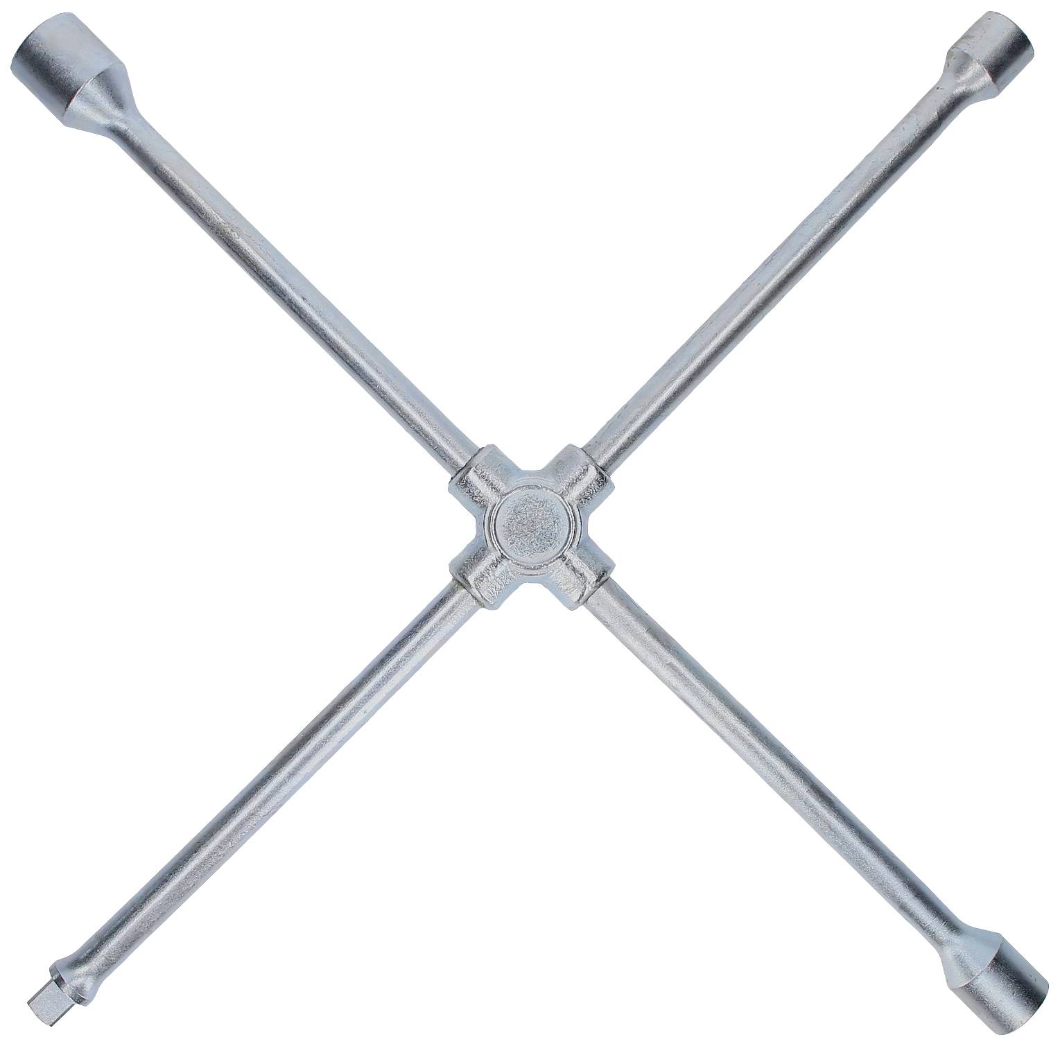 Ein kreuzförmiger Radschlüssel aus Metall, mit vier Steckschlüsseln für das Lösen und Anziehen von Radmuttern.