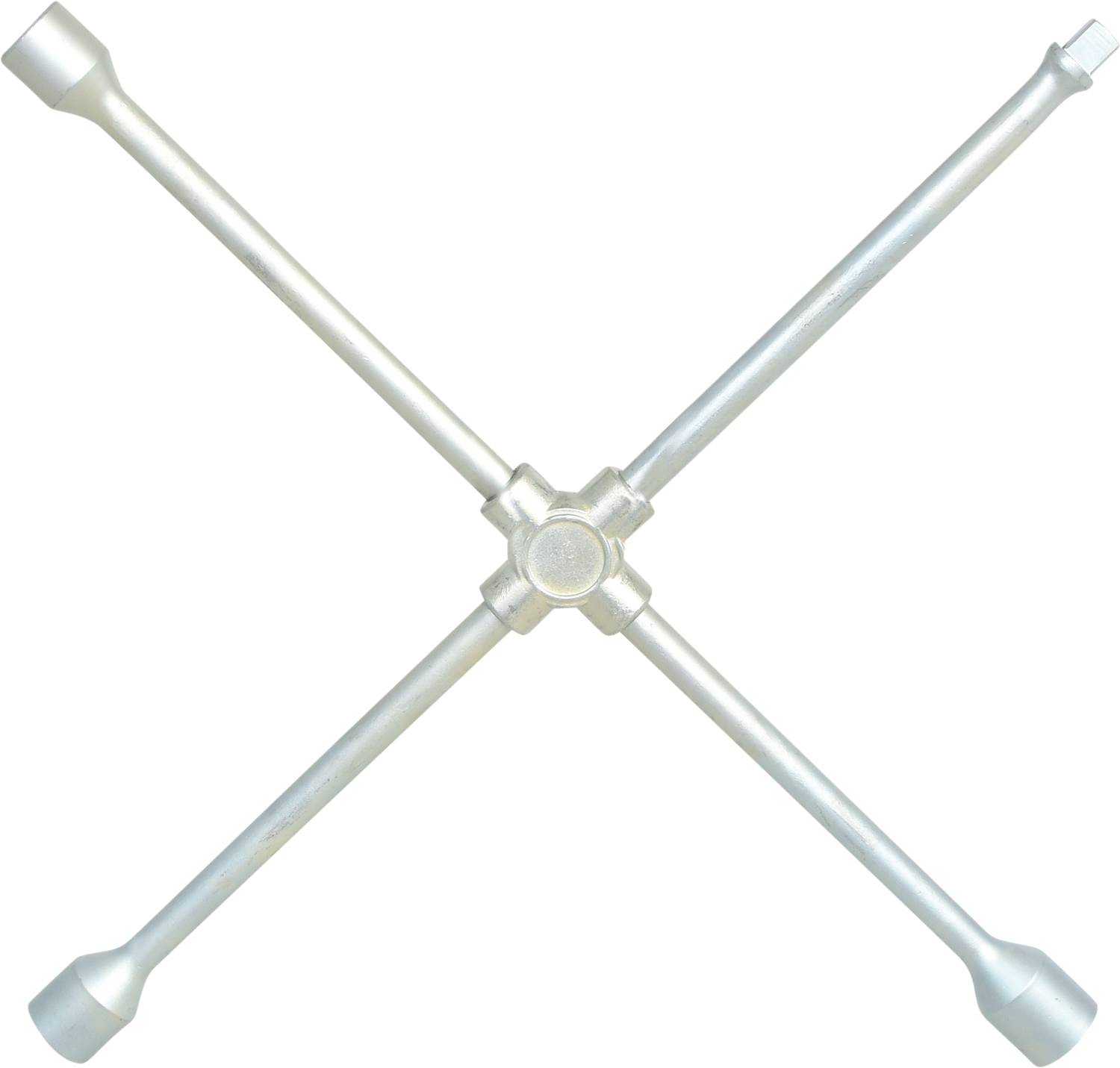 Ein silberfarbener Kreuzschlüssel in X-Form, verwendet zum Lösen und Anziehen von Schrauben an Fahrzeugrädern.