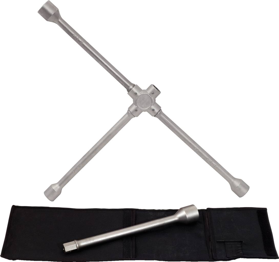 Kreuzschlüssel und Verlängerungsstange, auf einer schwarzen Tasche liegend, zum Wechseln von Autoreifen.