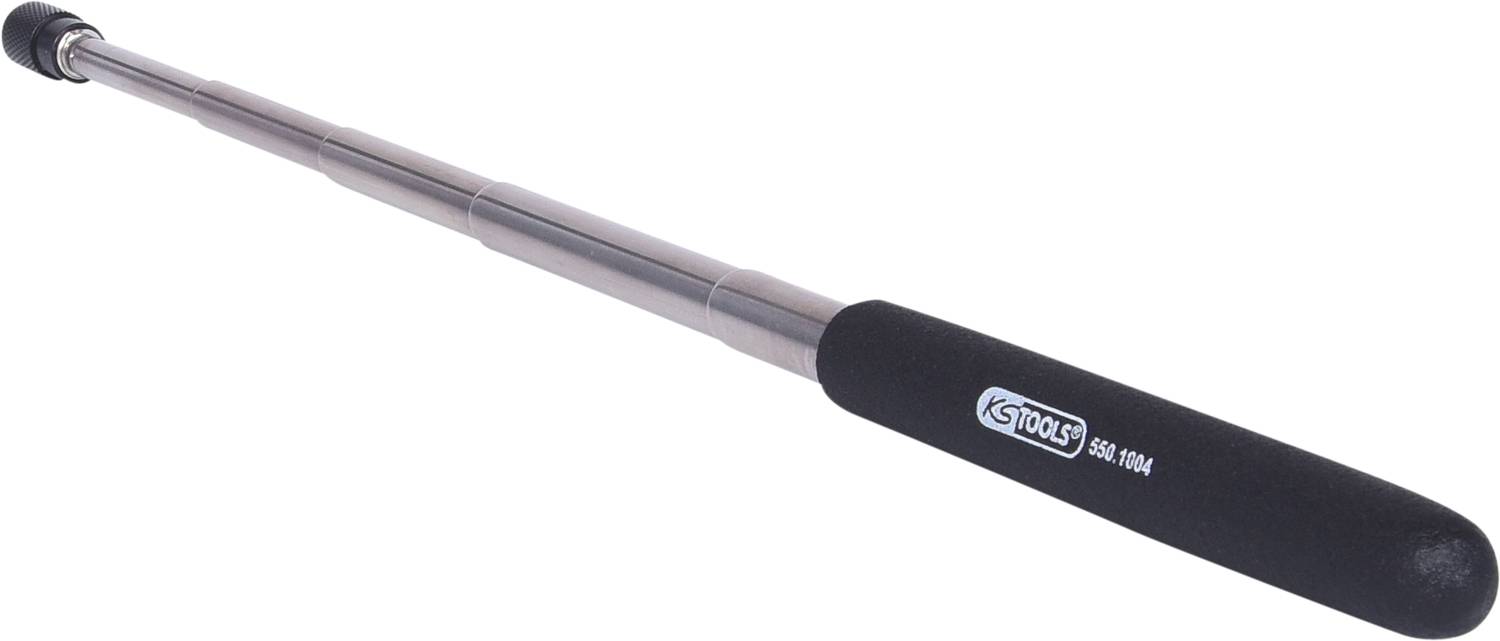 Metallischer Teleskopmagnet mit schwarzem Griff von 'KS Tools', verwendet zum Aufheben von Metallgegenständen in schwer erreichbaren Bereichen.