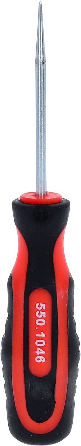 Roter und schwarzer Schraubenzieher mit geradem Kopf, Griff mit ergonomischer Form. Werkzeuge für handwerkliche Arbeiten.