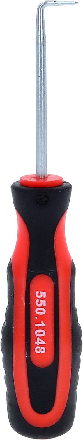 Ein roter und schwarzer Schraubendreher mit gebogenem Kopf, verwendet zum Entfernen von Dichtungen und Halteclips.