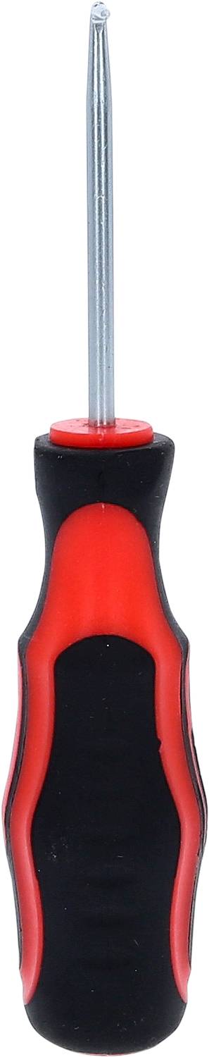 Ein schwarzer und roter Schraubendreher mit rutschfestem Griff und einer flachen Spitze.