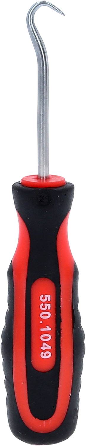 Ein rotes und schwarzes Werkzeug mit einem hakenförmigen Metallkopf und einem ergonomischen Griff, geeignet zum Entfernen von Dichtungen.